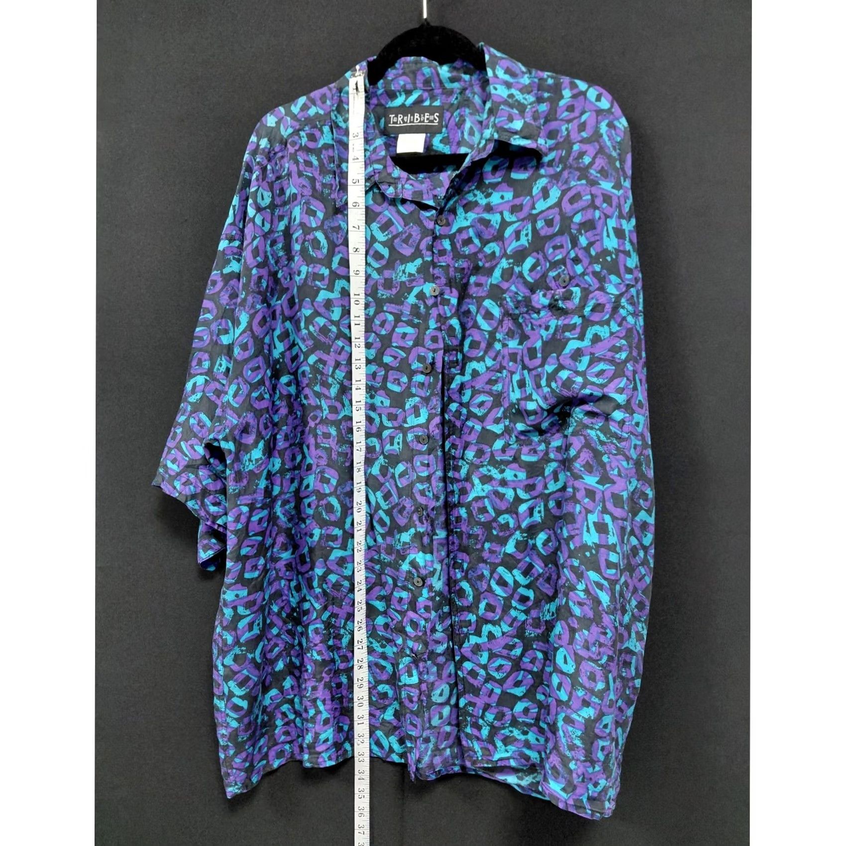 Vintage TRIBES Shirt Blue Purple Floral Short Sleeve Collared 100% Silk Men XL Size US XL / EU 56 / 4 - 5 Thumbnail