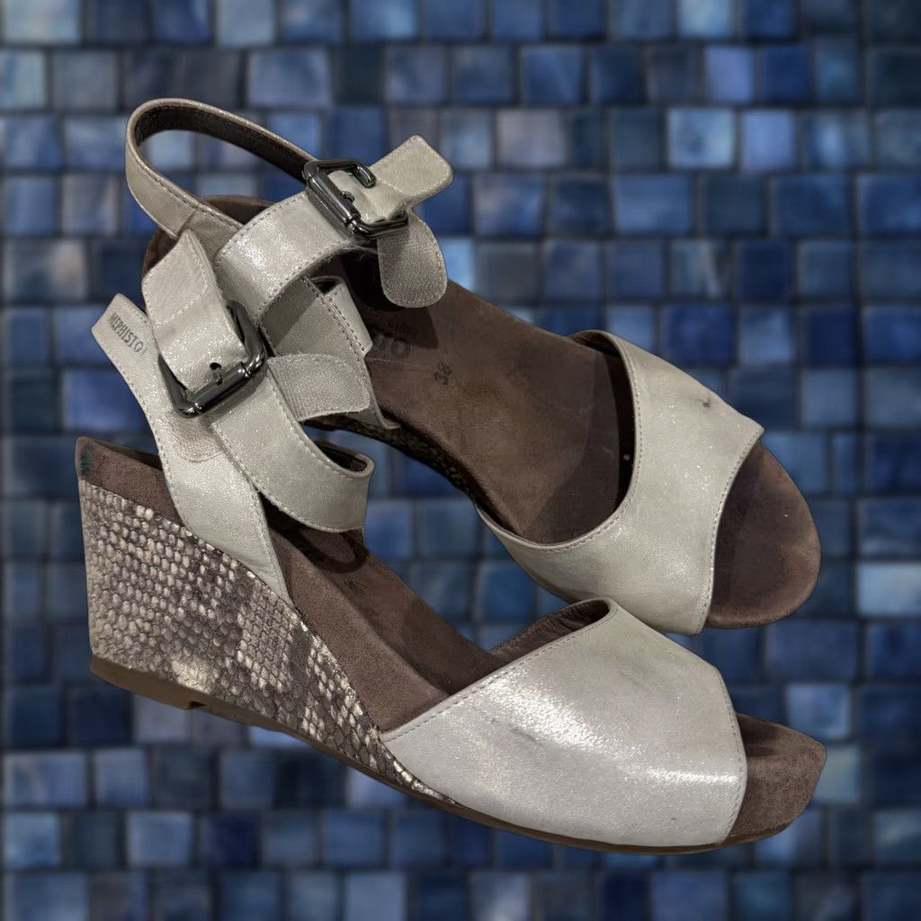Mephisto MEPHISTO Sandal Womens Wedge Gray Snake Print Cork Footbed Buckle Size 38 Size US 8 / IT 38 - 1 Thumbnail