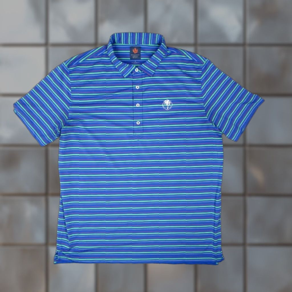 Vintage DONALD ROSS SPORT Shirt Mens XL Blue STRIPED Polo with PLANTATION GOLF CLUB logo embroidered on front - polyester blend Size US XL / EU 56 / 4 - 1 Thumbnail