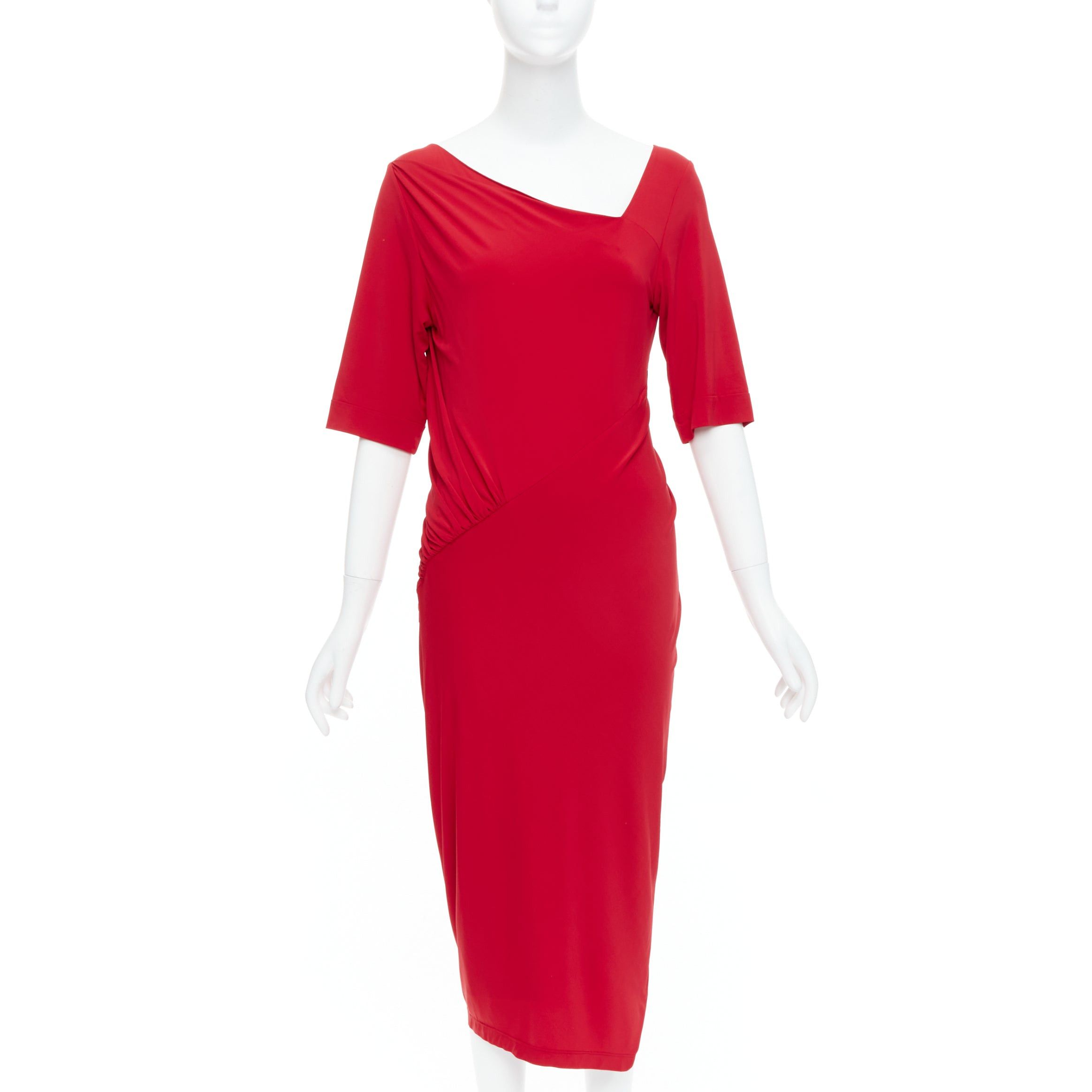 Donna Karan DONNA KARAN red asymmetric neck tuck draped midi dress L Size M / US 6-8 / IT 42-44 - 1 Thumbnail