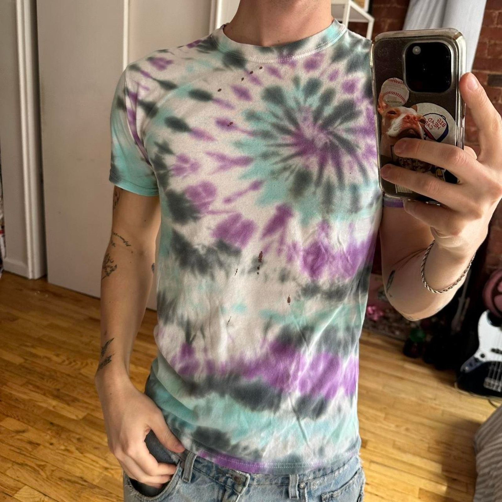 Vintage Vintage Tight Purple Blue Tie Dye Blank Basic Shirt Top Size US S / EU 44-46 / 1 - 7 Thumbnail