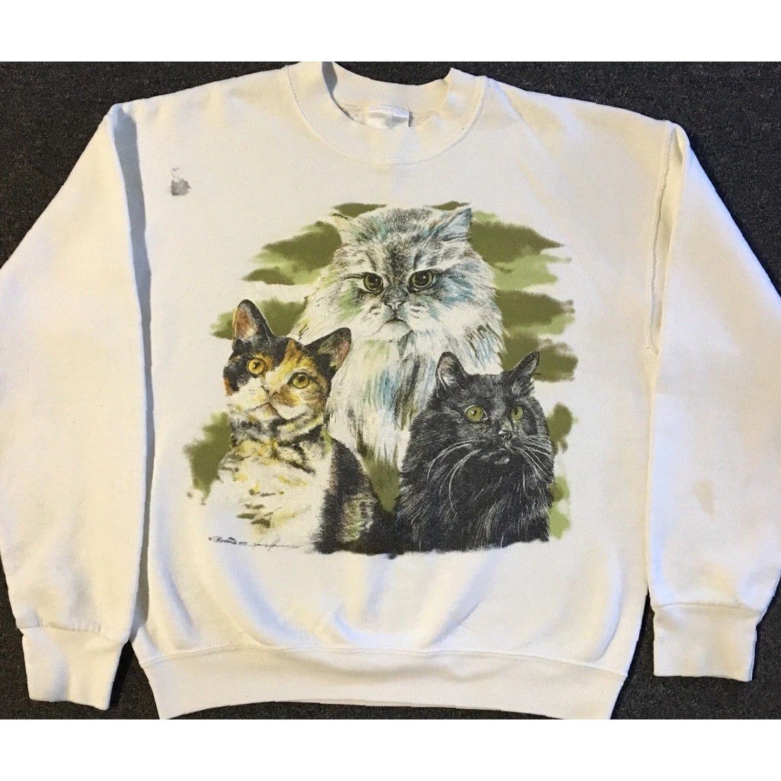 Vintage VINTAGE Cat Faded Distress 90s Sweatshirt XS - Surf/Hoodie - White - Pet/Animal Abstract Art - 80s 90s Retro Size US XS / EU 42 / 0 - 2 Thumbnail