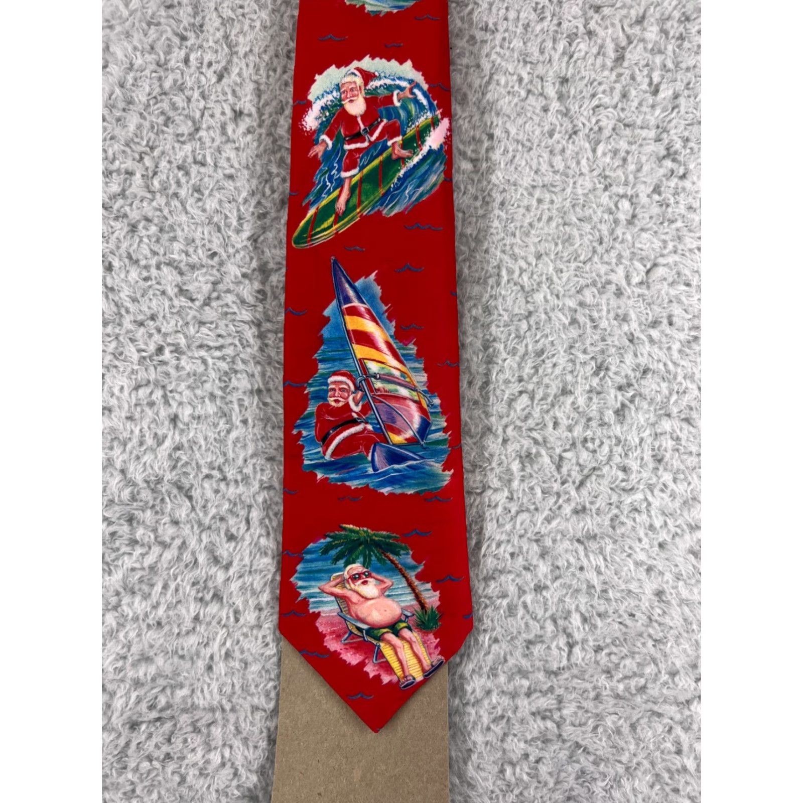 Vintage VINTAGE Ralph Marlin Mens Tie Short Red Snow Man "Surfin Santa" Christmas 1989 Classic Pattern Holiday Man Size ONE SIZE - 2 Thumbnail