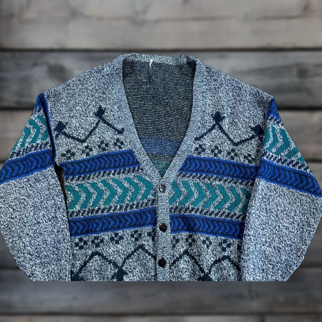 Vintage VINTAGE 80s Geometric Cardigan Sweater Adult Large Gray Preppy Acrylic Mens Size US L / EU 52-54 / 3 - 1 Thumbnail