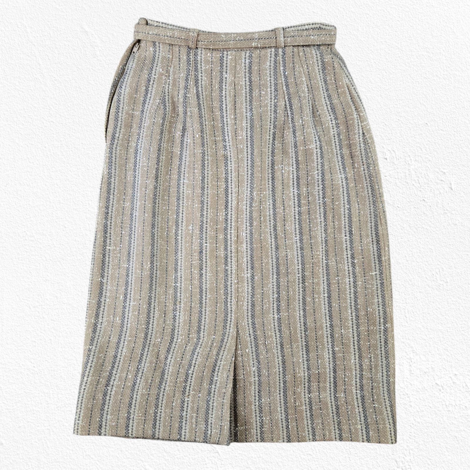 Vintage 1950s Beige Striped Tweed High Waisted Belted Skirt Size 2 Size 26" / US 2 / IT 38 - 11 Thumbnail