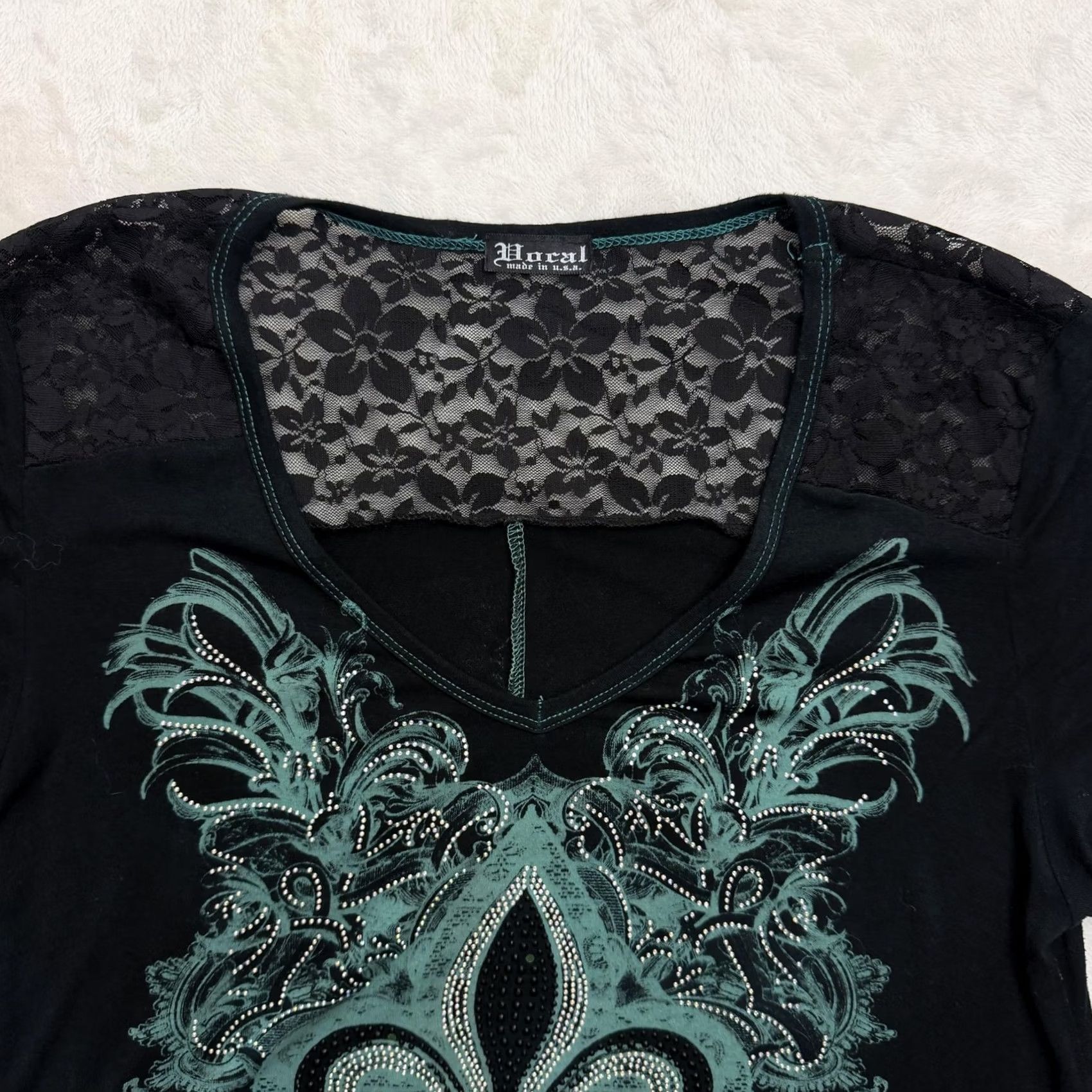 Altea Vocal Shirt Womens M Black Teal Fleur De Lis Rhinestone Tunic Top USA Shirt Womens M Black Teal Rhinestone Tunic Top USA Size M / US 6-8 / IT 42-44 - 2 Thumbnail