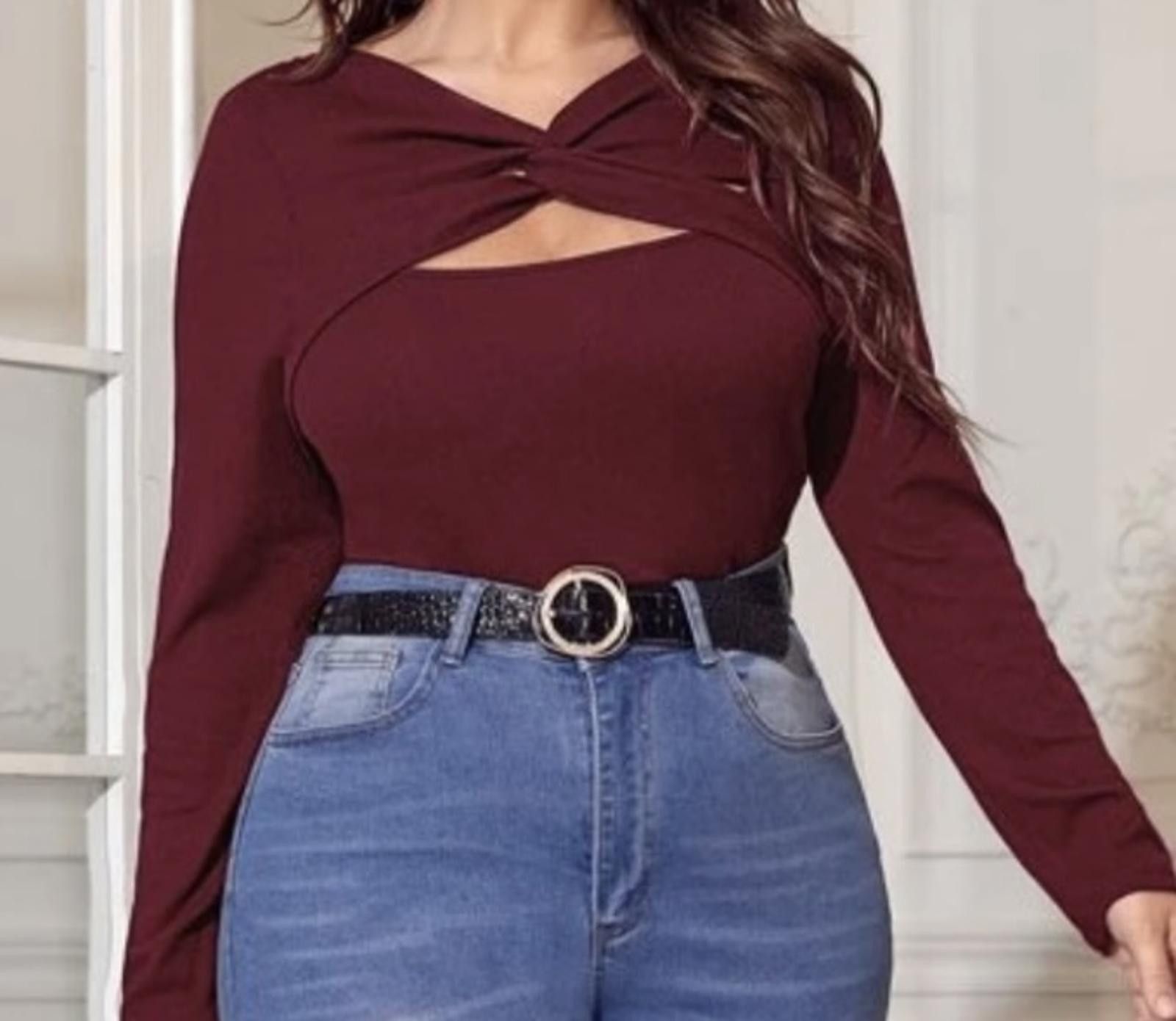 Designer Chic Burgundy Long Sleeve Top with Twist Detail Size 4XL / US 24-26 - 1 Thumbnail