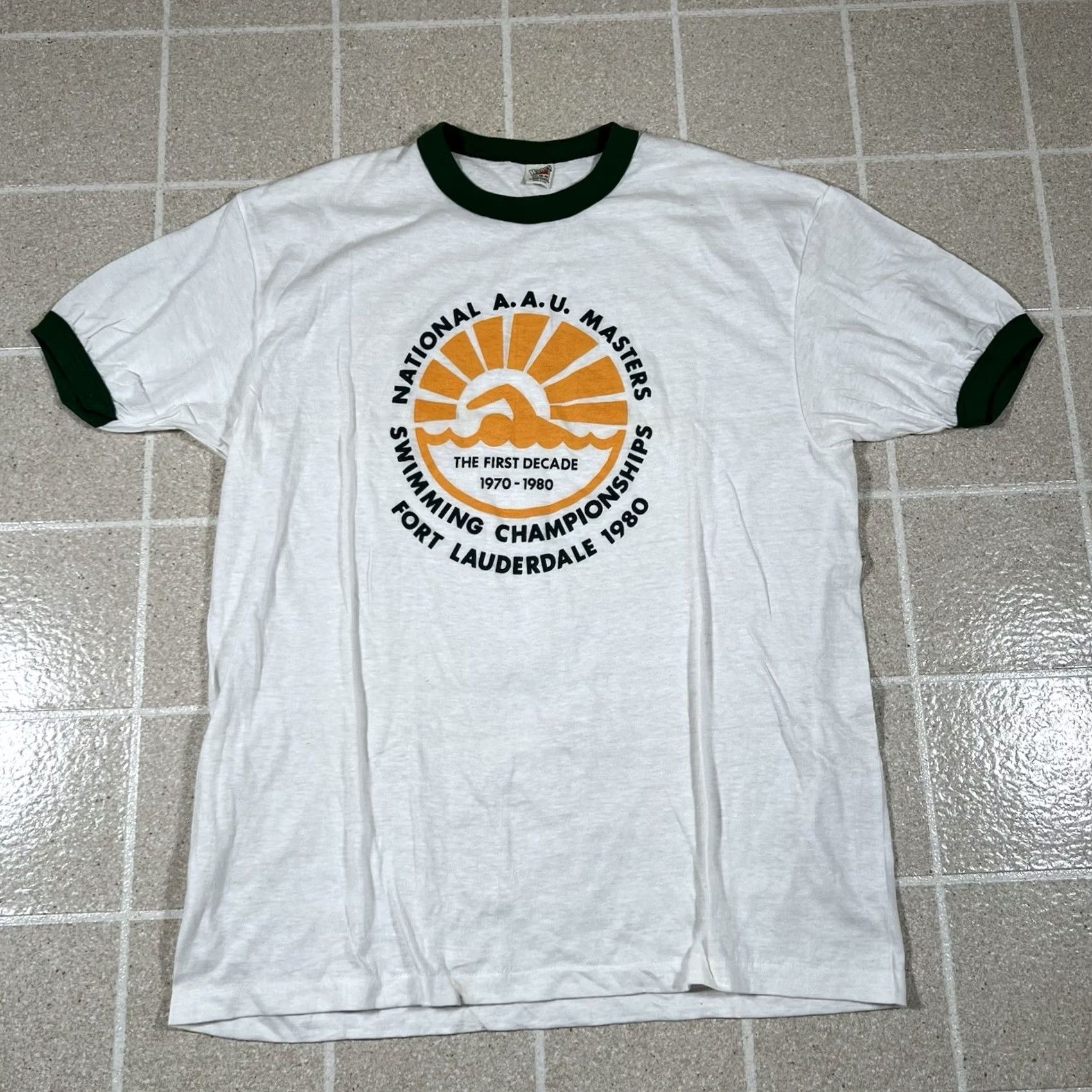 Hanes VINTAGE Hanes Masters Swimming Championship Ringer TShirt XL White Made in USA Mens Size US XL / EU 56 / 4 - 2 Thumbnail