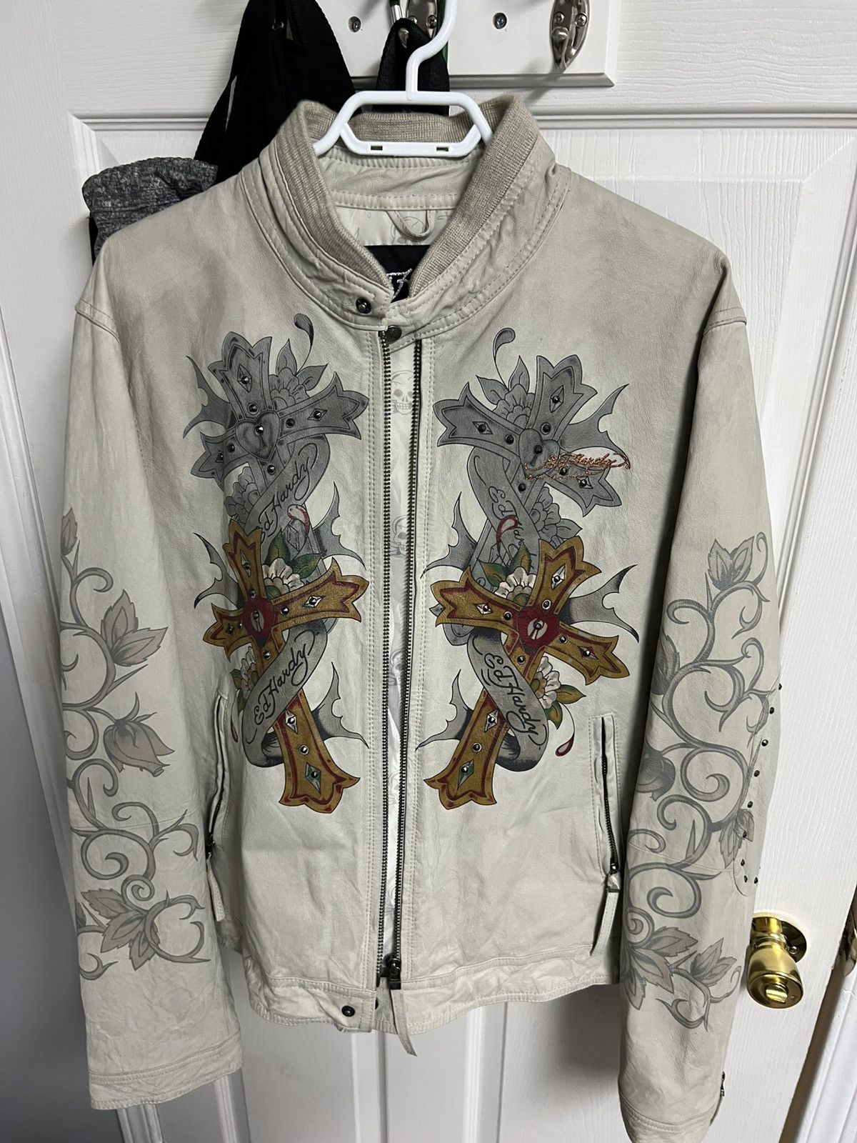 Christian Audigier × Ed Hardy Ed Hardy x Christine Audigier Leather Jacket Off White Size US XL / EU 56 / 4 - 5 Thumbnail