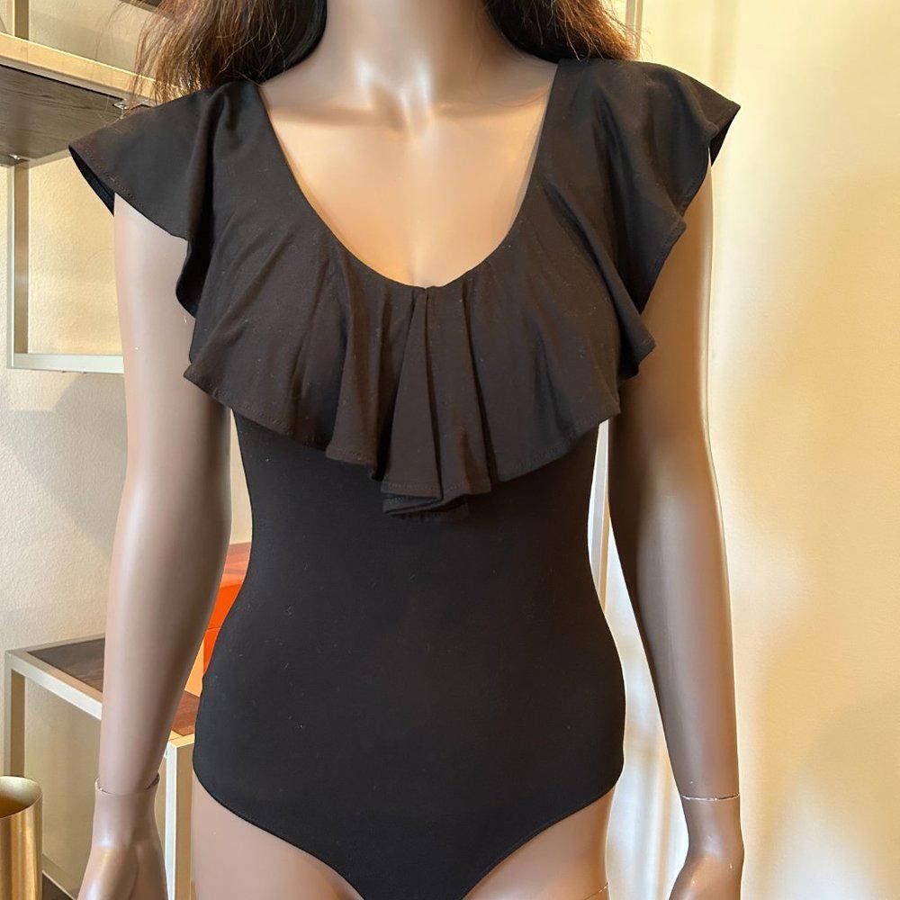 Designer Little Black Bodysuit Ruffle V-Neck Cap-Sleeve Bodysuit Size S / US 4 / IT 40 - 4 Thumbnail