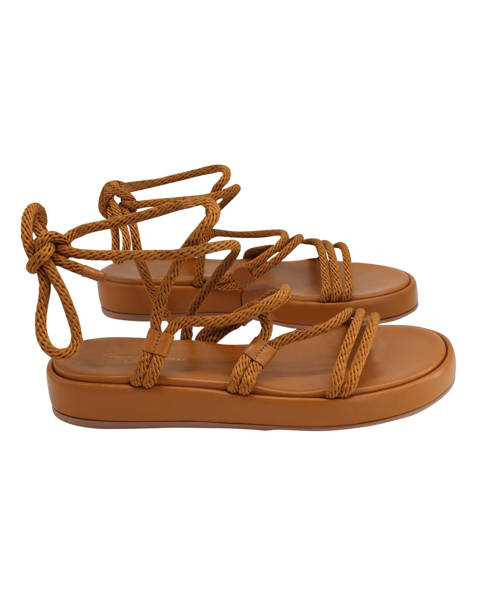 image of Gianvito Rossi Brown Leather Rope Ankle Tie Sandals, Women's (Size 11)