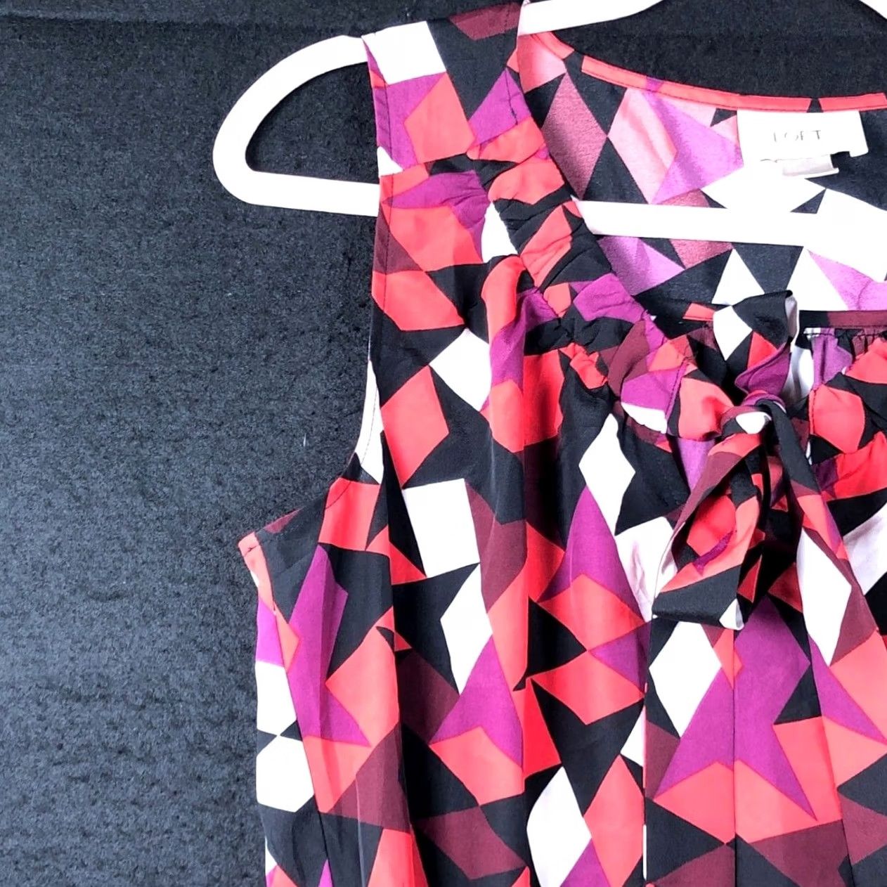 Ann Taylor Ann Taylor LOFT Blouse Womens Sleeveless Front Tie Small Multicolored Crew Neck Argyle/Diamond Pattern Chiffon Polyester Lightweight All Seasons Size S / US 4 / IT 40 - 4 Thumbnail