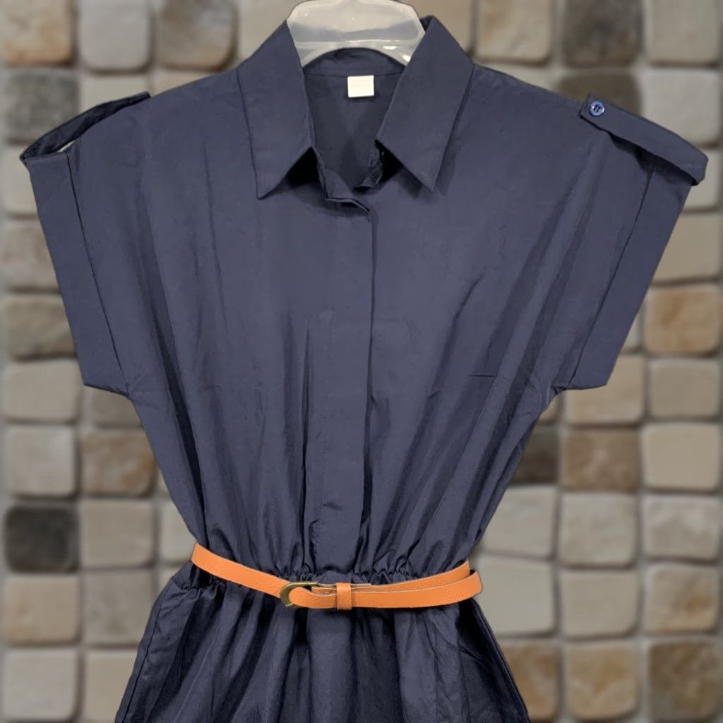 Vintage Women’s Blue Short Dress L Belts Collared Button Short Sleeve NWOT Regular Size 28" / US 6 / IT 42 - 1 Thumbnail
