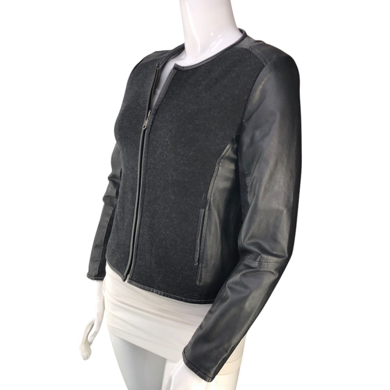 Eileen Fisher Eileen Fisher Size M Jacket Collarless Wool Leather Panel Size M / US 6-8 / IT 42-44 - 4 Thumbnail