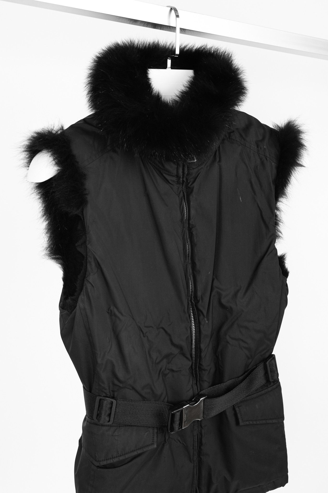 Prada Prada Black Nylon Belted Fox-Fur-Trim Vest Size S / US 4 / IT 40 - 3 Thumbnail