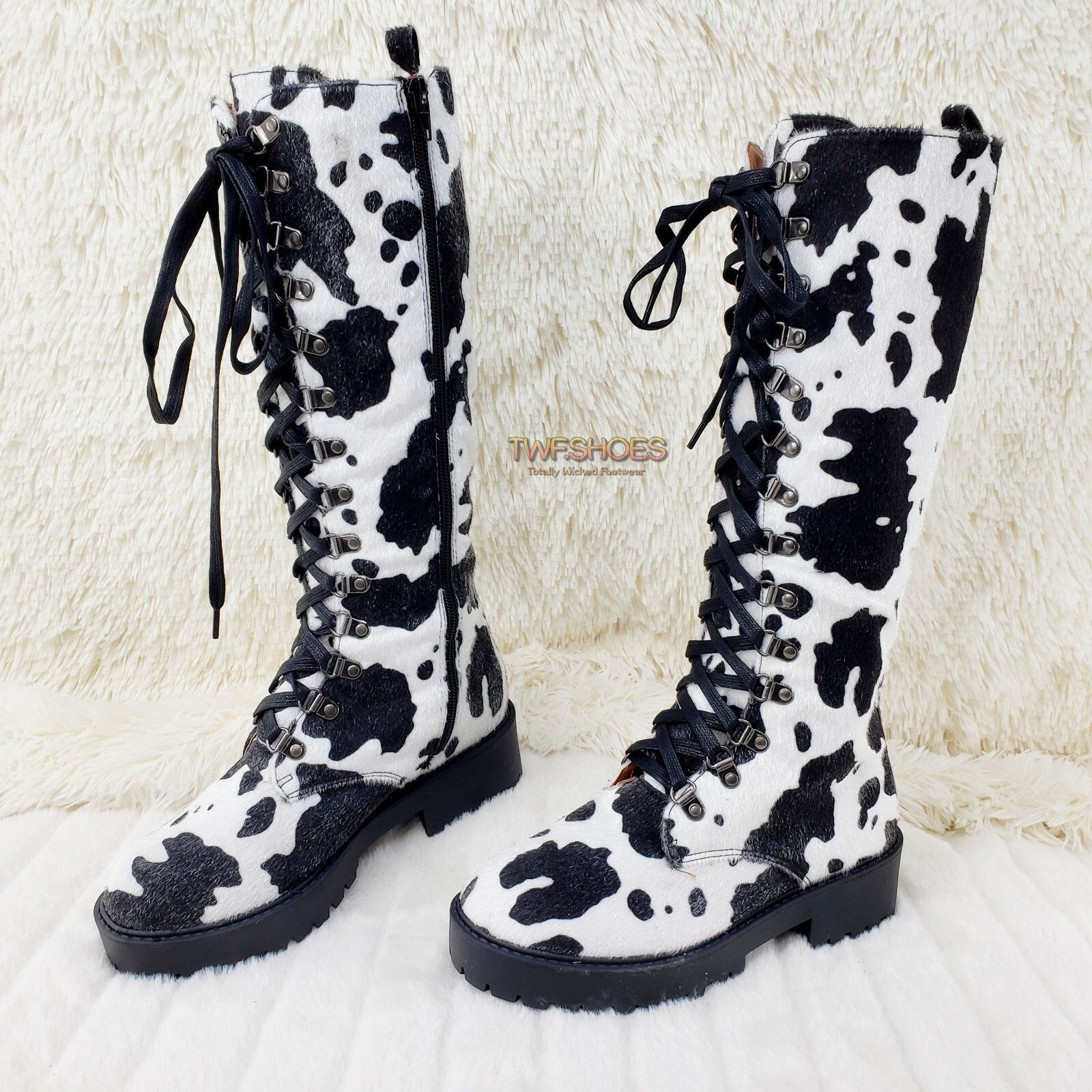 Other Savage Goth Punk Rock Faux Cow Fur Lace Up Platform Combat K Size US 5.5 / IT 35.5 - 2 Thumbnail