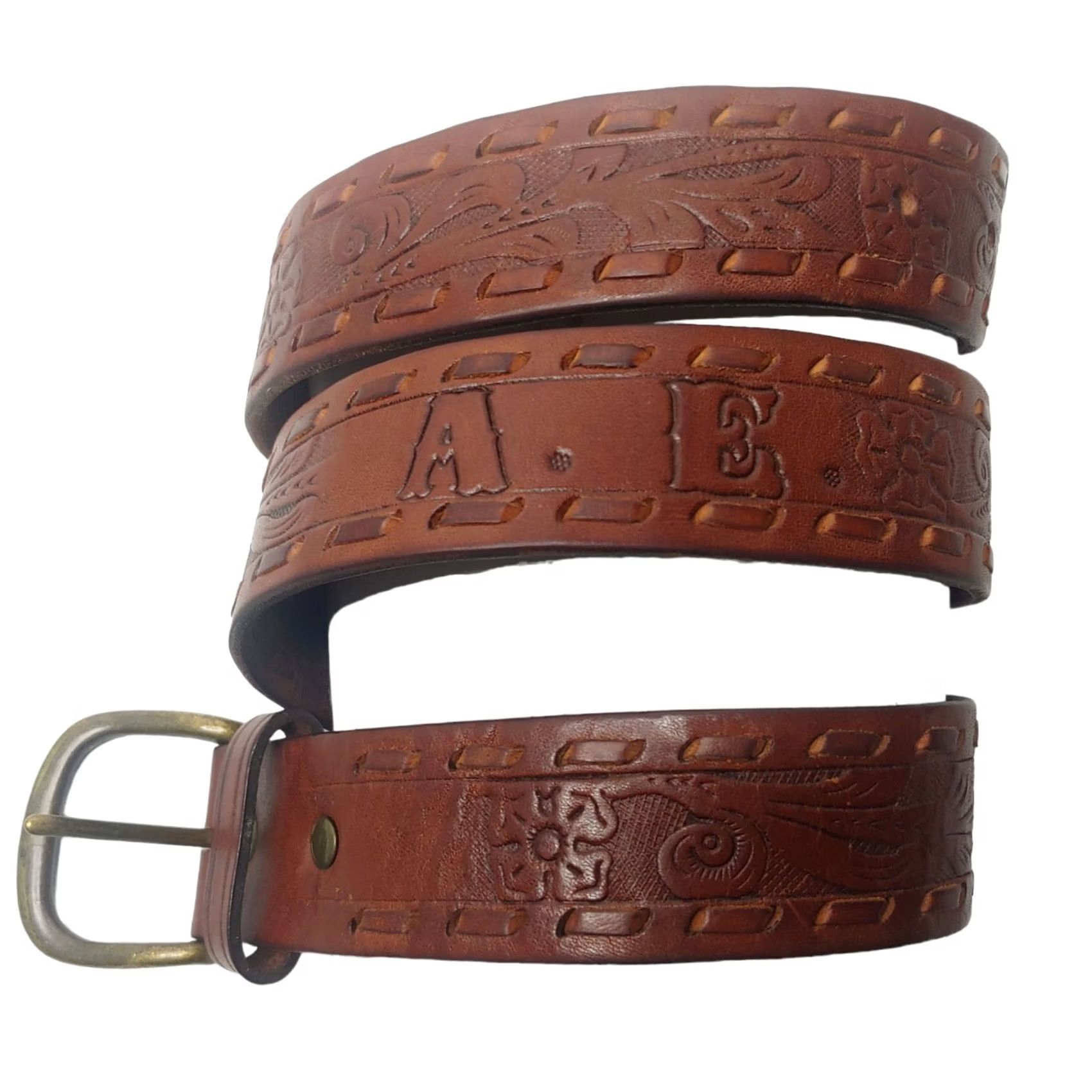 American Eagle Outfitters VINTAGE American Eagle Belt Tooled Leather Brown Floral Boho Unisex 31-35" Waist 1 3/8" Adjustable Womens Girls Mens Size ONE SIZE - 2 Thumbnail