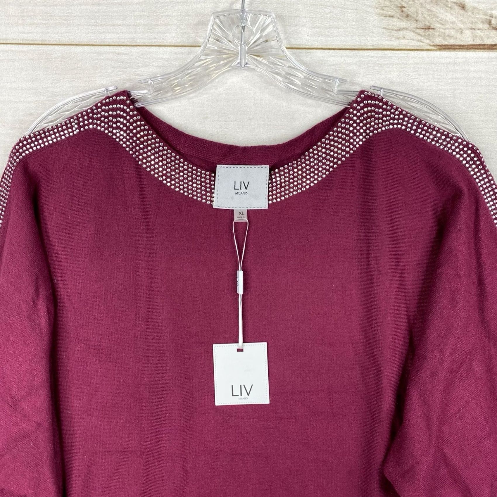 Vintage VINTAGE? LIV Milano Women’s Sweater XL Burgundy Silver Rhinestones Dolman Sleeve NWT Size XL / US 12-14 / IT 48-50 - 2 Thumbnail