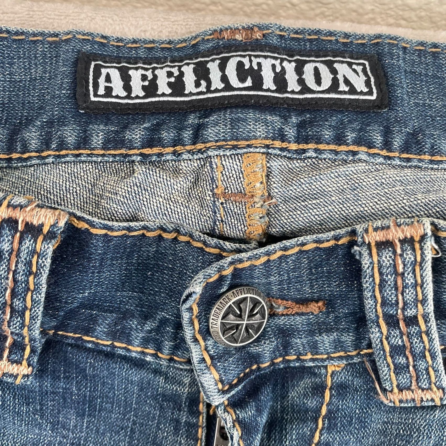 Affliction Affliction Ace Straight Jeans Men 33x32 Blue Dark Faded Stretch 5-Pocket Pockets Zip Button Rise Mid Regular Brand Affliction Ace Straight Size US 33 - 2 Thumbnail