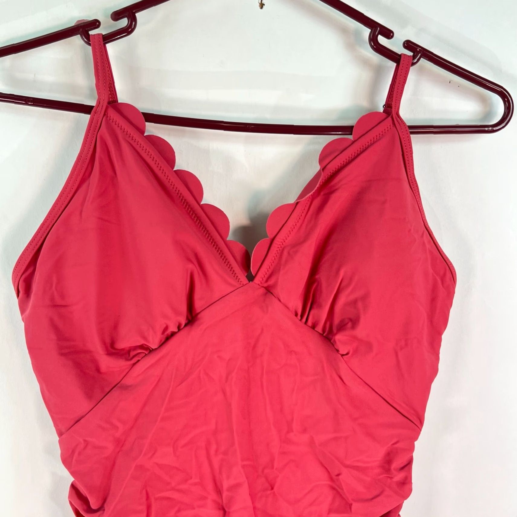 Vintage Womens Bikini Swimsuit 1 Pc Size M Scoop Neck Ruffled High Hip Cupped Pink Solid Pool Wear Size ONE SIZE - 2 Thumbnail
