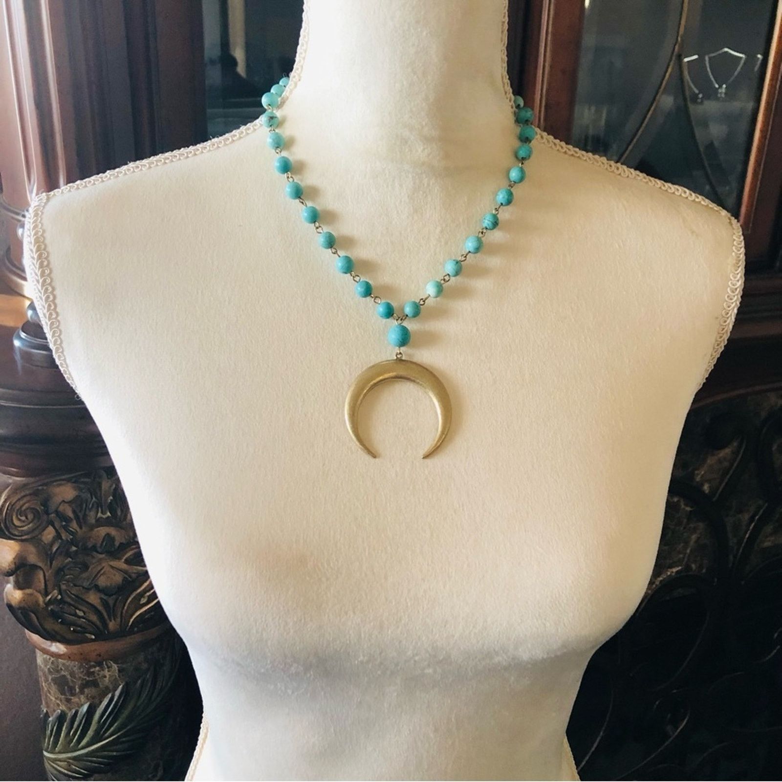 Jewelry Genuine howlite stone beaded chain moon pendant necklace Size ONE SIZE - 5 Thumbnail