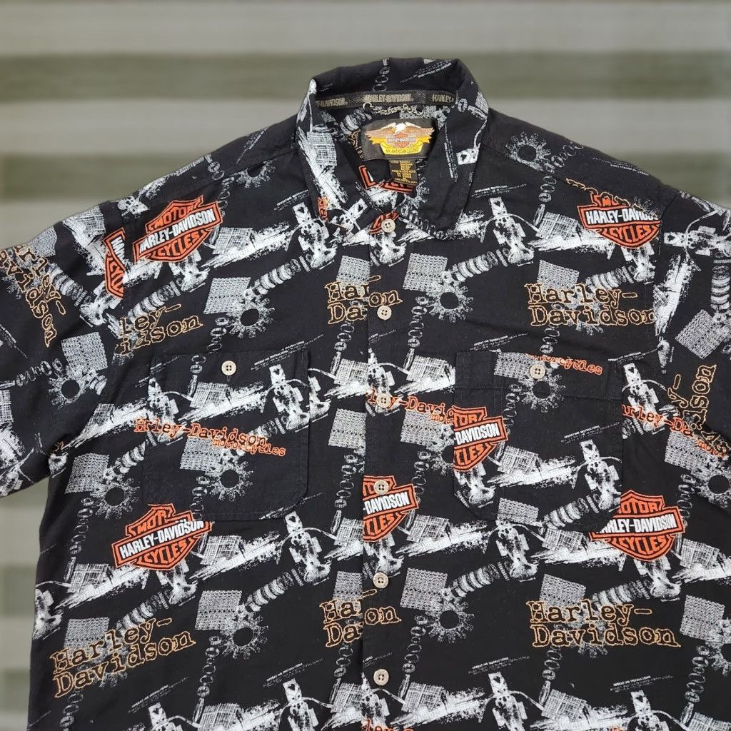 VINTAGE Harley-Davidson Shirt Men XL Black Garage All Over Print Rayon 90s Biker