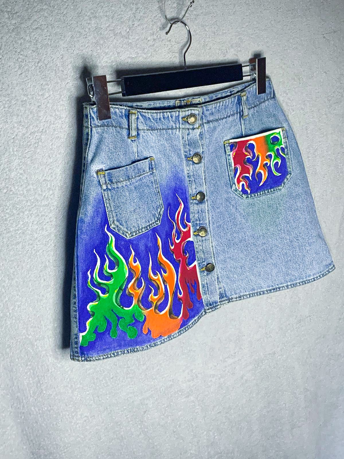 Handmade × Vintage Mini skirt fire flame art handmade Size 26" / US 2 / IT 38 - 6 Thumbnail