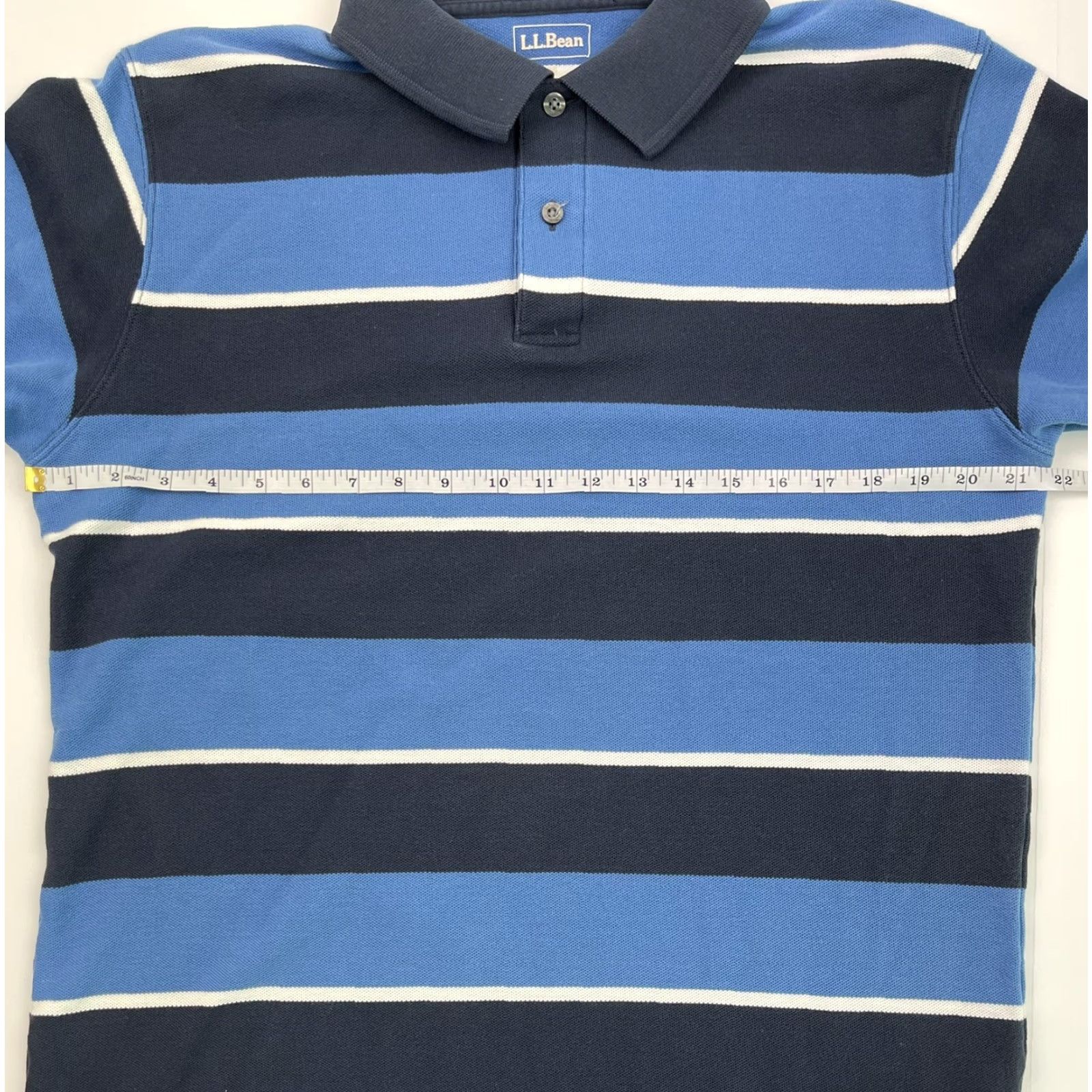 Vintage LL Bean Polo Shirt Men’s Short Sleeve Striped Cotton Button-Front Casual Regular Size M Navy Light Blue White 90s USA Mens Size US M / EU 48-50 / 2 - 5 Thumbnail