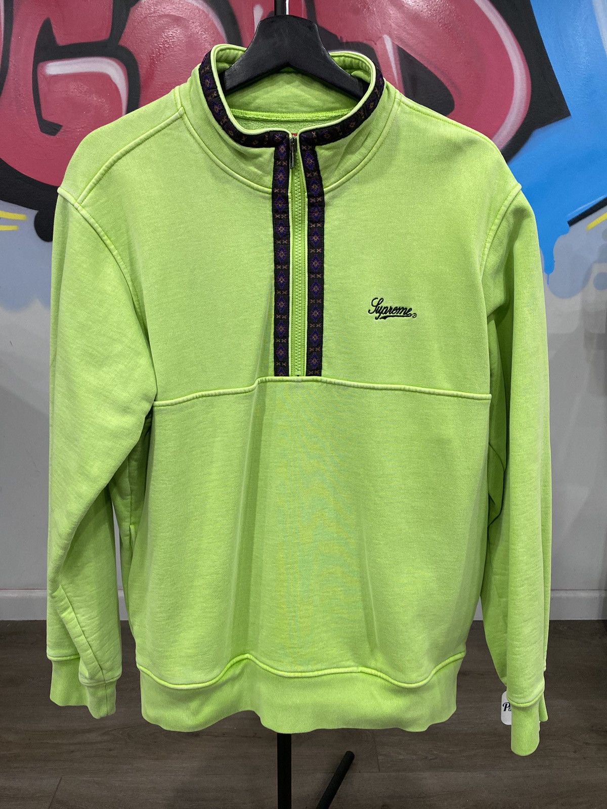 SUPREME Green+Yellow outlets QuarterZip Pullover Sweater