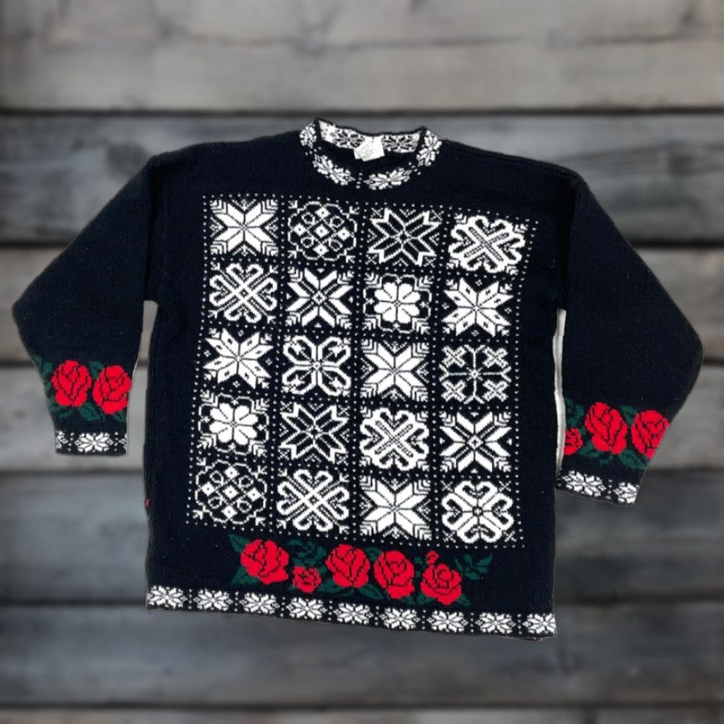 Vintage VTG 90s Classic Elements Sweater L Black Snowflake Roses Geometric Holiday USA Made Women Size L / US 10 / IT 46 - 1 Thumbnail
