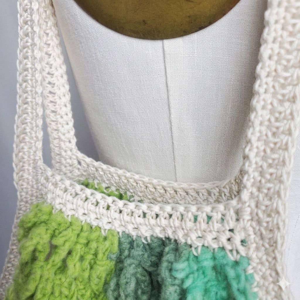 Handmade Farmers Market Bag Handmade Green Crochet French Net Sack Size ONE SIZE - 5 Thumbnail
