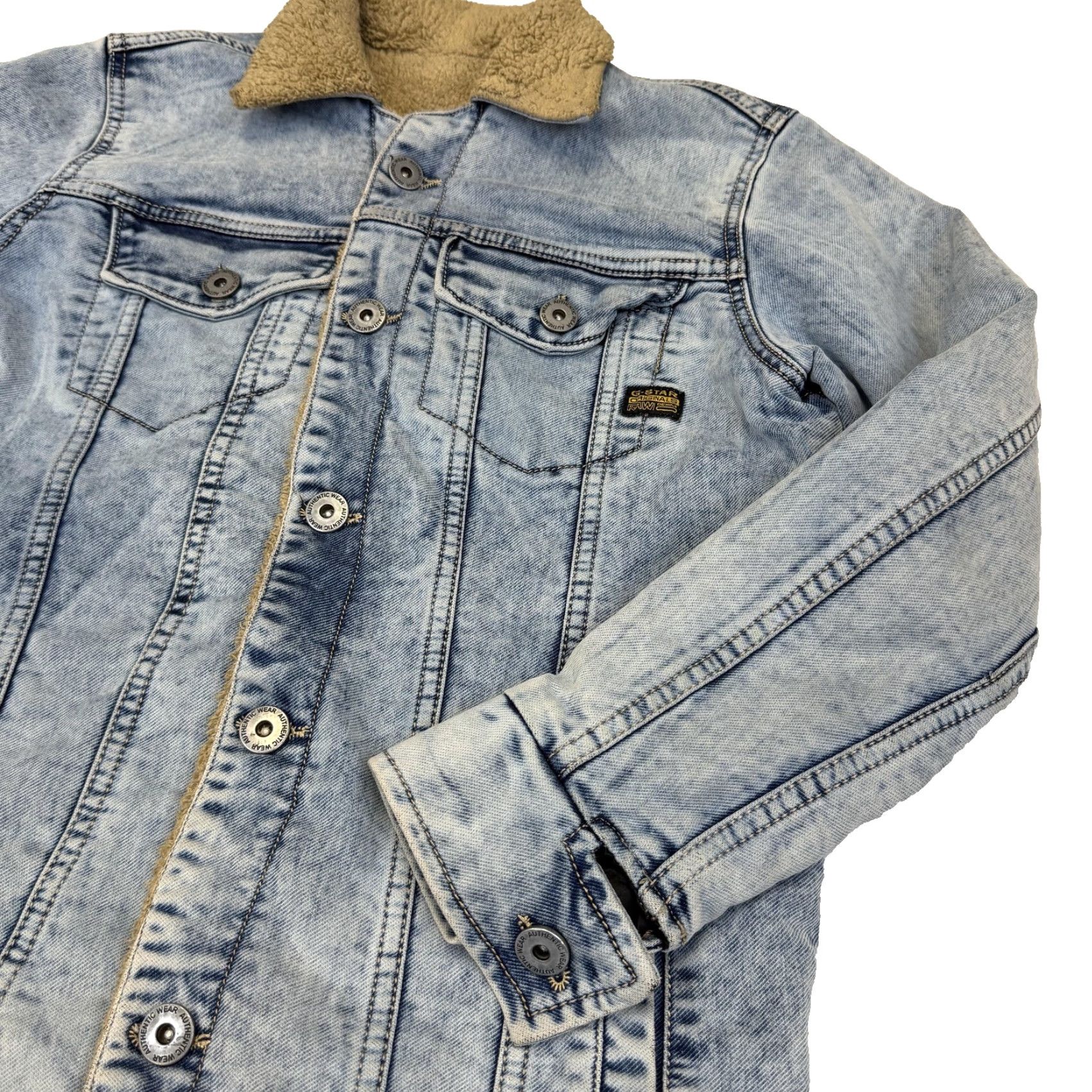 Vintage G-STAR RAW Jacket Mens M Blue Denim Trucker Sherpa Lined Bomber Jacket Winter Warm Insulated Collared Pockets Button Logo Regular Size US M / EU 48-50 / 2 - 2 Thumbnail