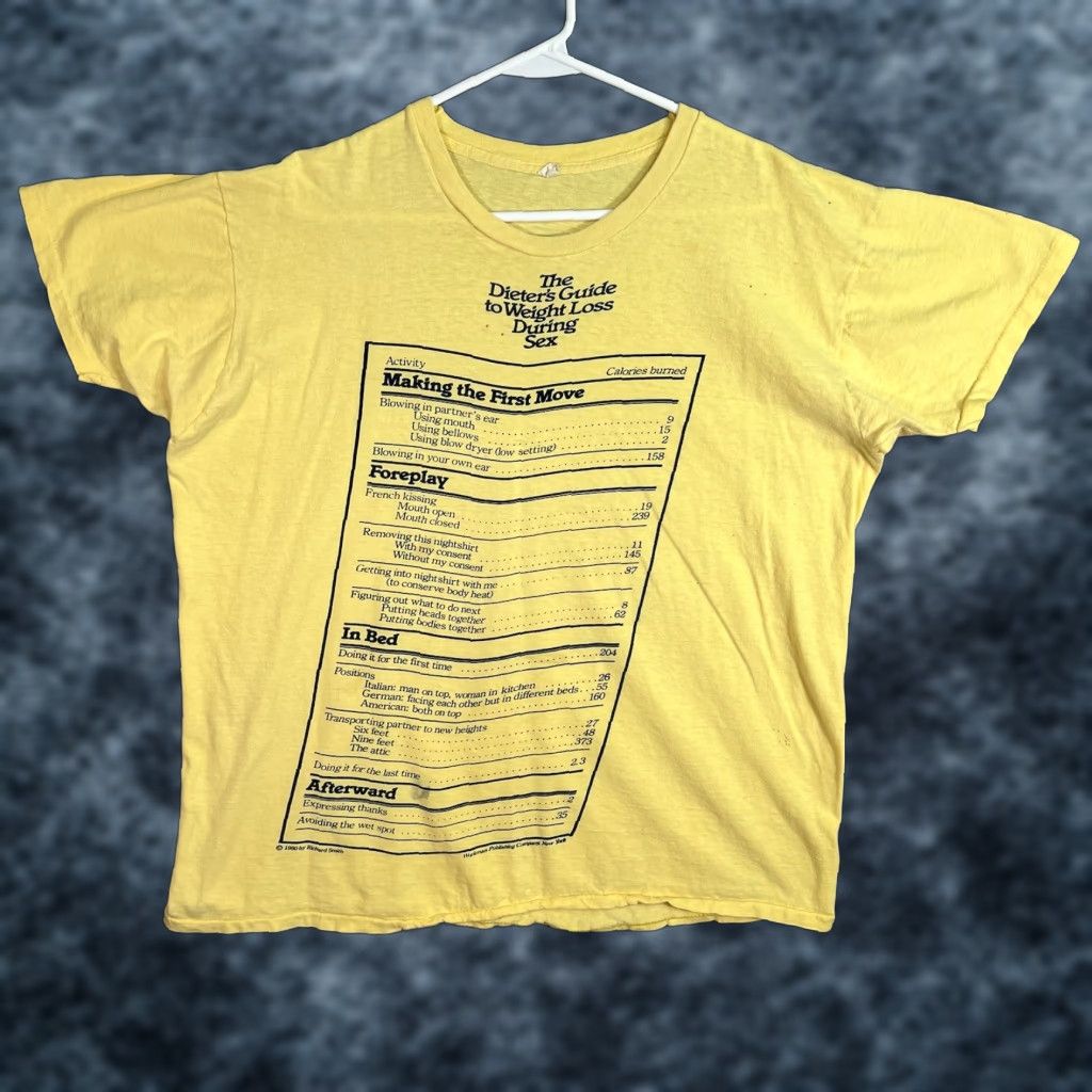 Vintage VINTAGE 1980s Richard Smith Dieters Weight Loss During Sex T Shirt 3XL Mens Yellow Graphic Tee Short Sleeve Cotton Reg 3XL Fits XL Size US XXL / EU 58 / 5 - 1 Thumbnail