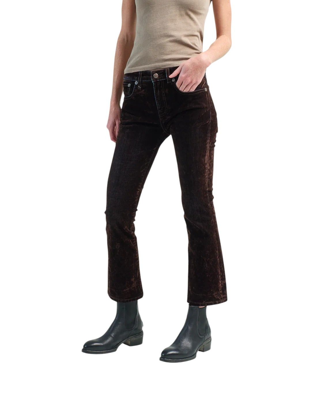 R13 KICK FIT 24 Flocked Brown Velvet Cropped Low Rise 86255 Size 24" / US 00 / IT 34 - 1 Thumbnail