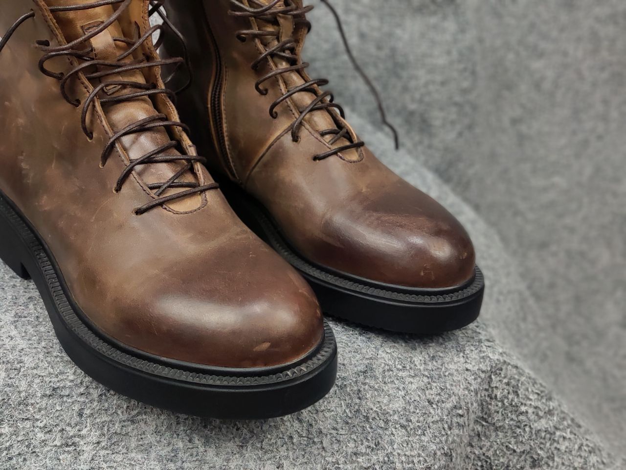 Lemargo Design Combat Leather Brown Lace Up Zip Womens Boots