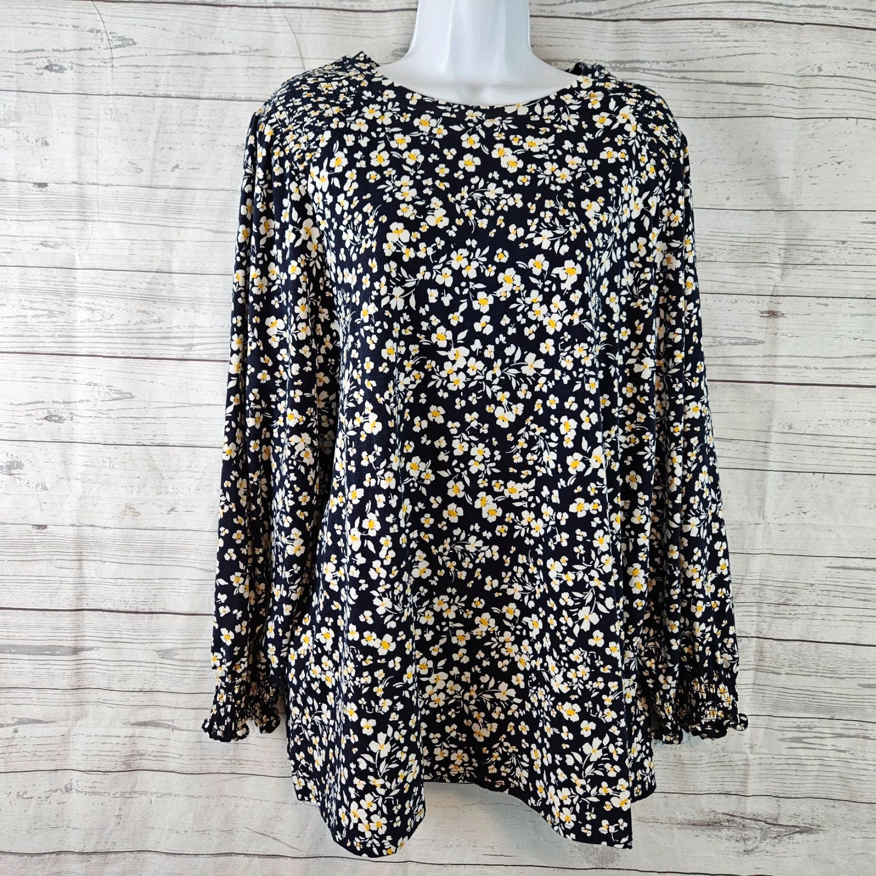 J. Jill J Jill Womens Blouse Tunic XL Floral Long Sleeve Cotton Blend Blue Yellow Smocked VINTAGE? Size XL / US 12-14 / IT 48-50 - 2 Thumbnail