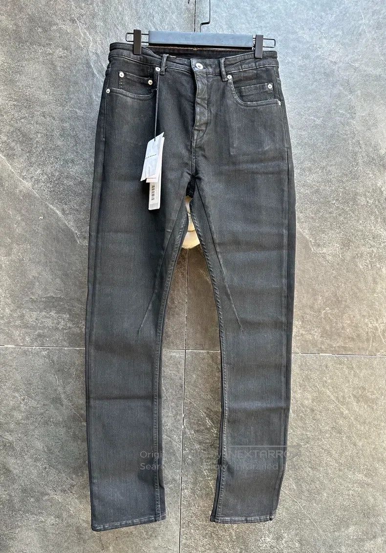RICK OWENS Classic Beeswax Coated Mid-Rise Denim Long Pant