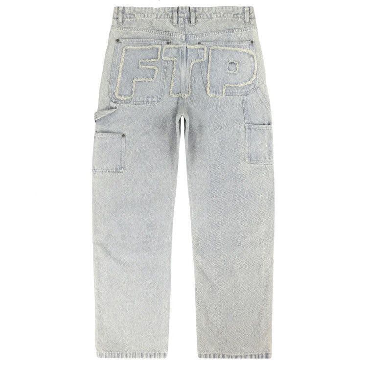 image of Fuck The Population Ftp Frayed Denim Logo Carpenter Pants Size 36 in Dirty Light Blue, Men's