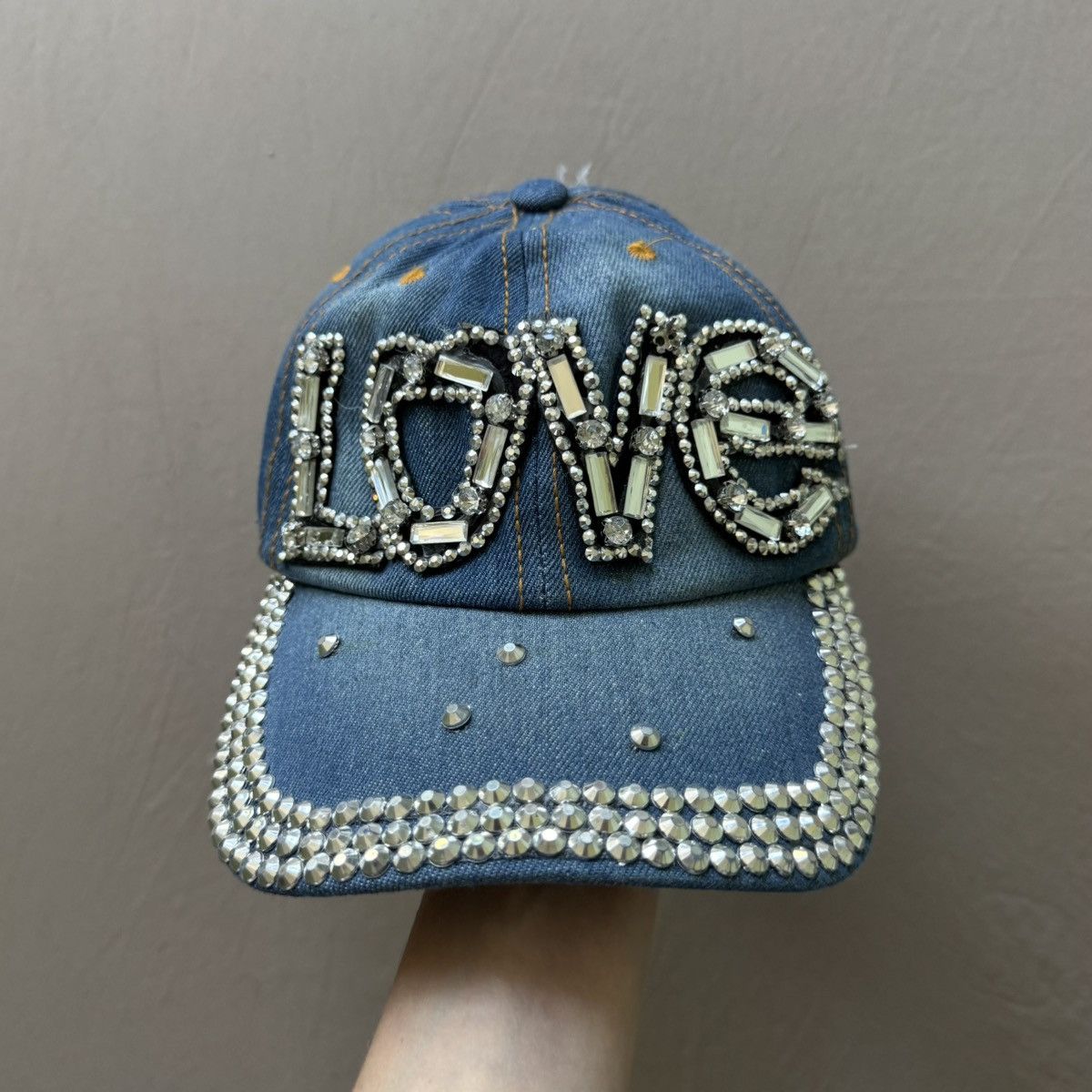 Other Grunge Y2K Bedazzled “Love” Rhinestone Denim Baseball Cap Size ONE SIZE - 1 Thumbnail