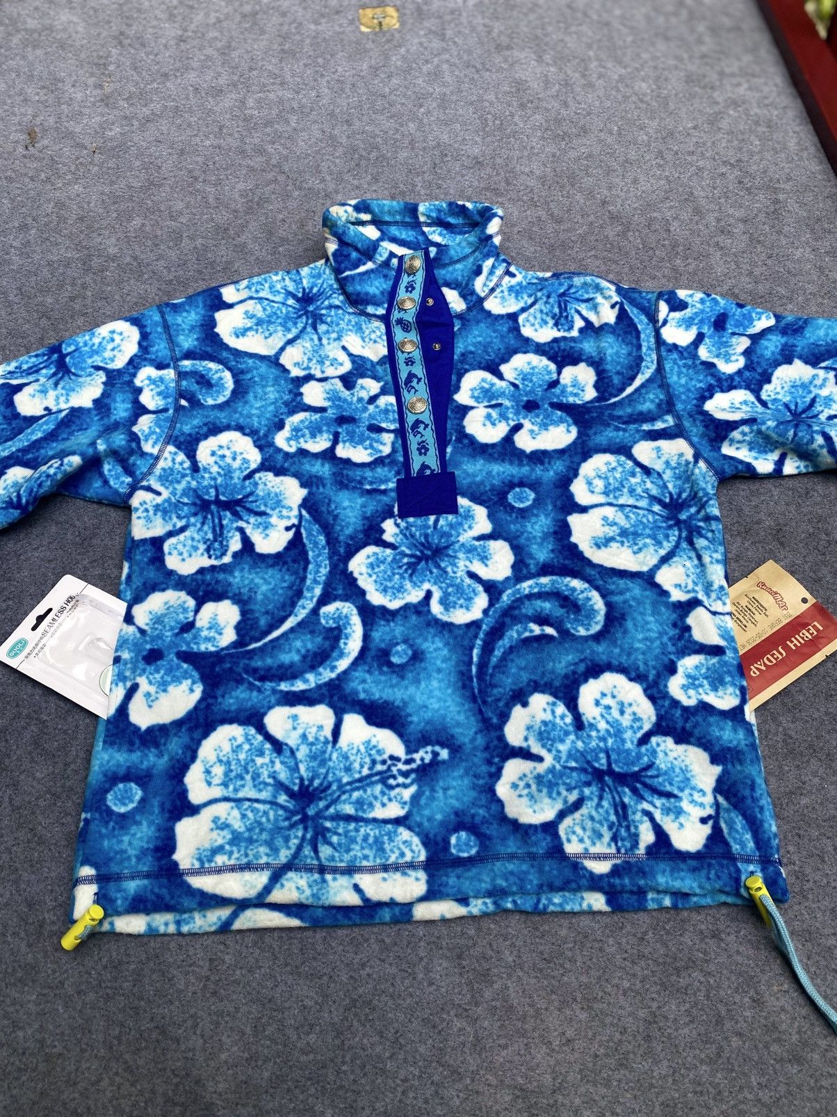 Vintage JOJO FIORE Blue Hibiscus Pattern Fleece Quarter-Snap Pullove Size US S / EU 44-46 / 1 - 16 Thumbnail