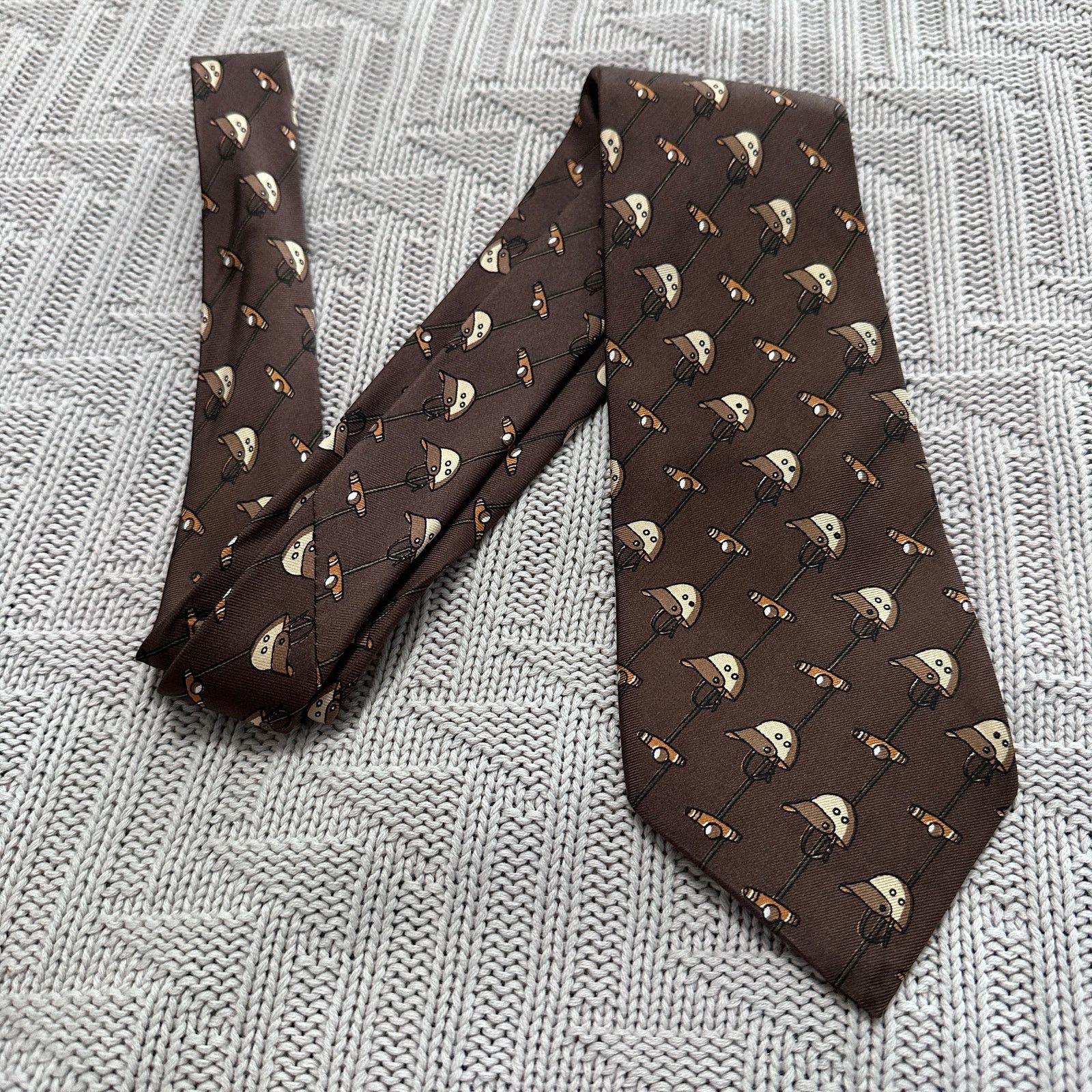 image of Vintage Gucci Brown Polo Helmet Print Italian Silk Tie, Men's