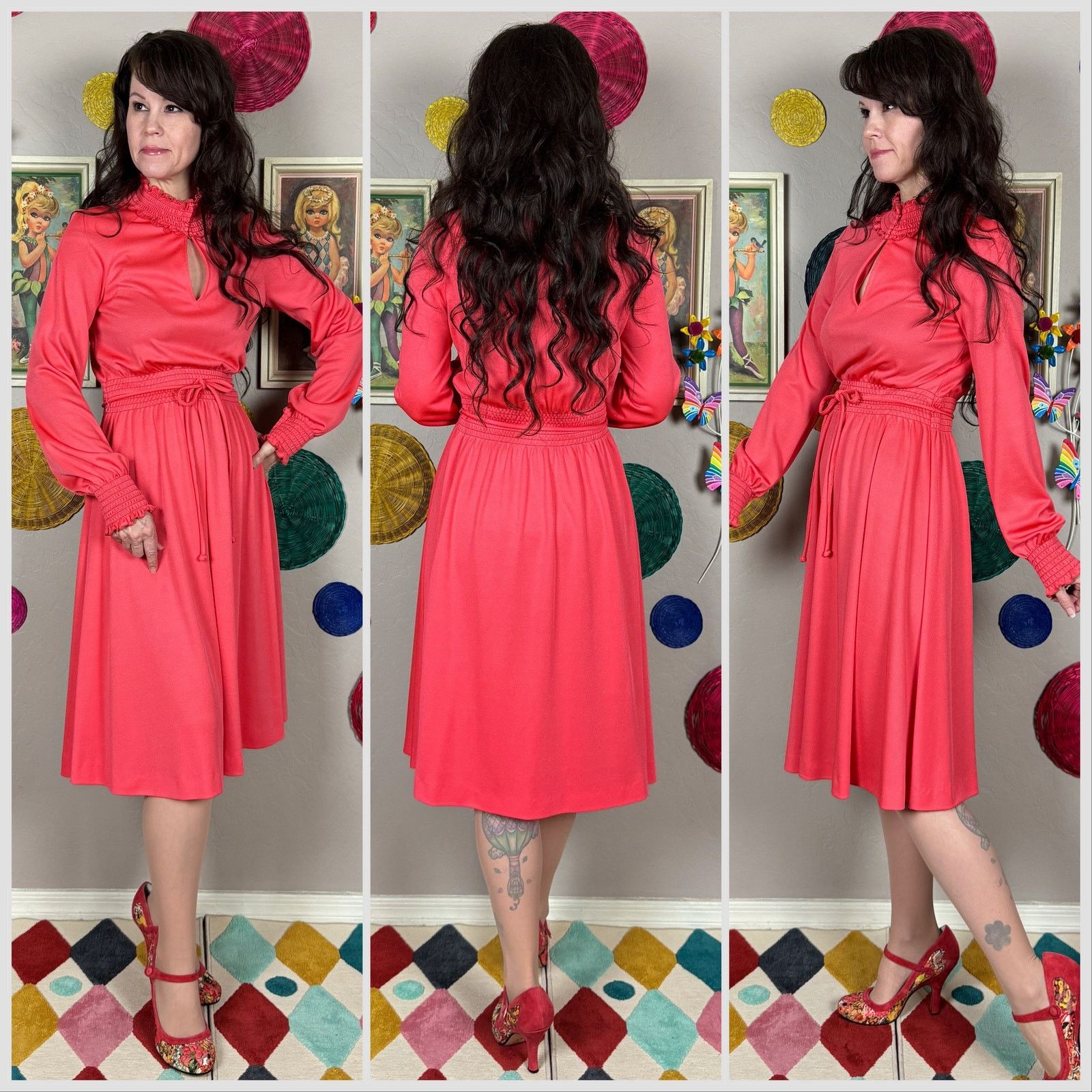 Vintage 1960s Pink Salmon Long Sleeve Mock Neck Keyhole Midi Dress Size M / US 6-8 / IT 42-44 - 2 Thumbnail