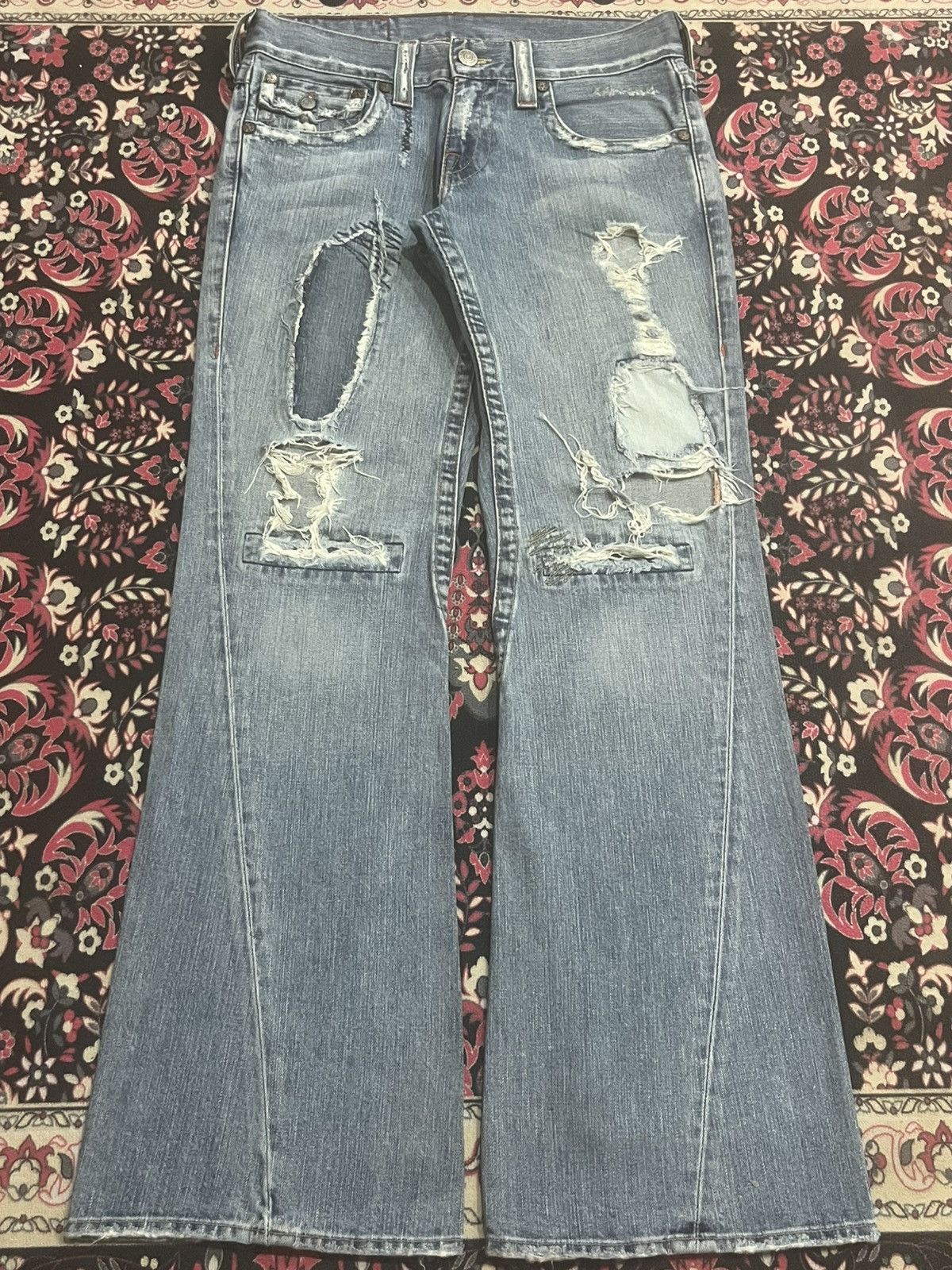 True Religion Vintage True Religion “Berkeley” Trashed Blue Flare Jeans Size US 30 / EU 46 - 1 Thumbnail