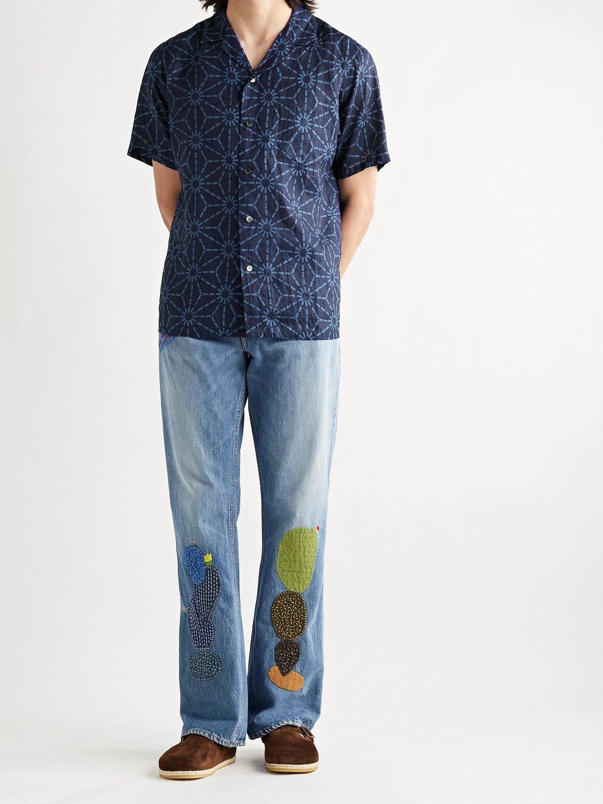 Blue Blue Japan Asanoha Hemp Pattern Linen Aloha Vacation Shirt Camp Collar Size US M / EU 48-50 / 2 - 7 Thumbnail
