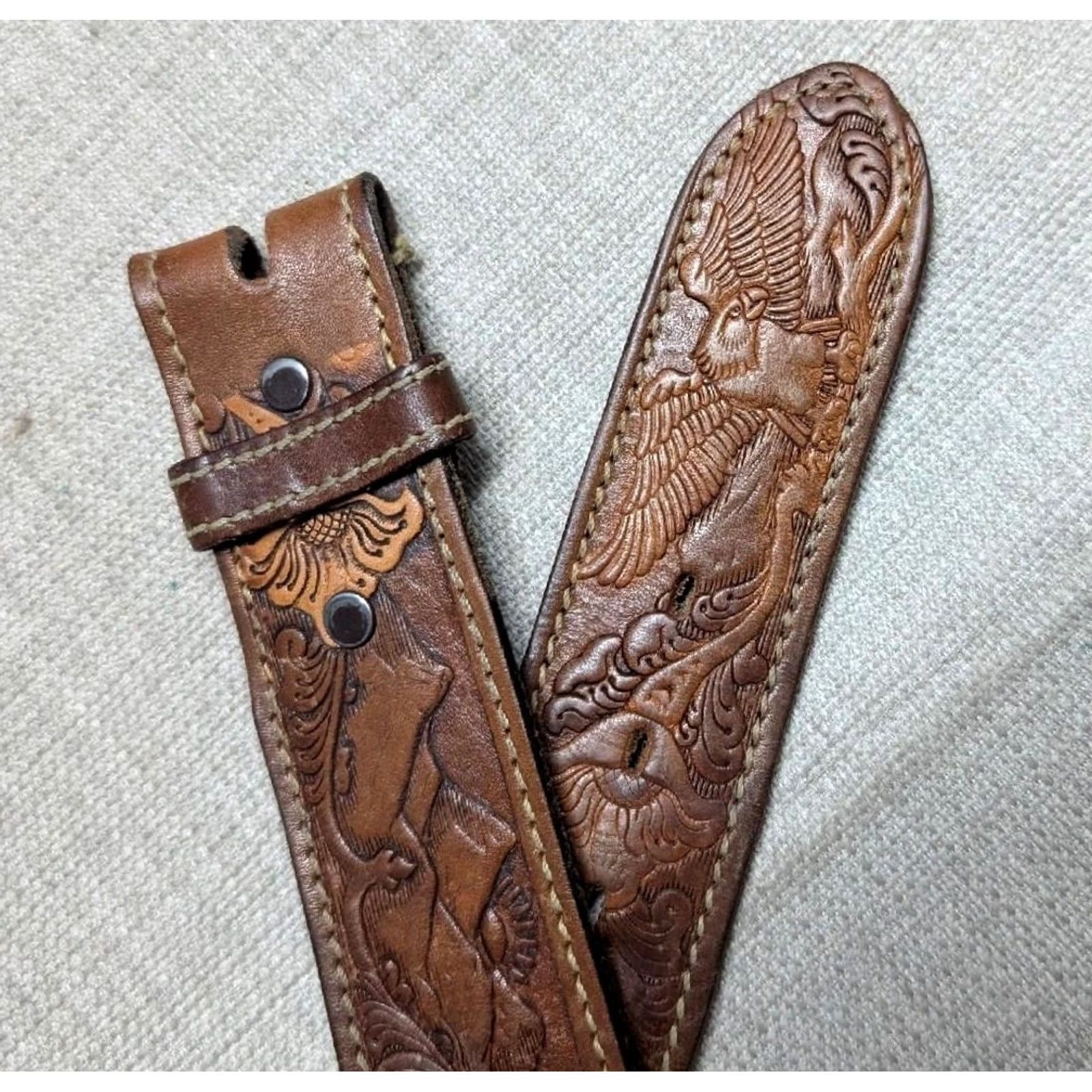 Vintage VINTAGE Chambers Western Belt Belt 38 brown Eagle cowhide leather floral Buckle Western Mens Size 38 - 2 Thumbnail