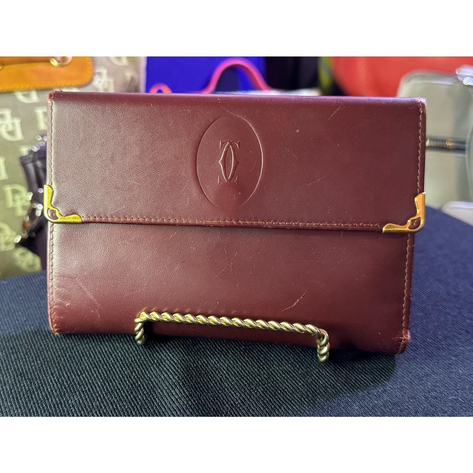 image of Vintage Calfskin Burgundy Cartier Bifold Wallet W/coin Purse in Red, Women's