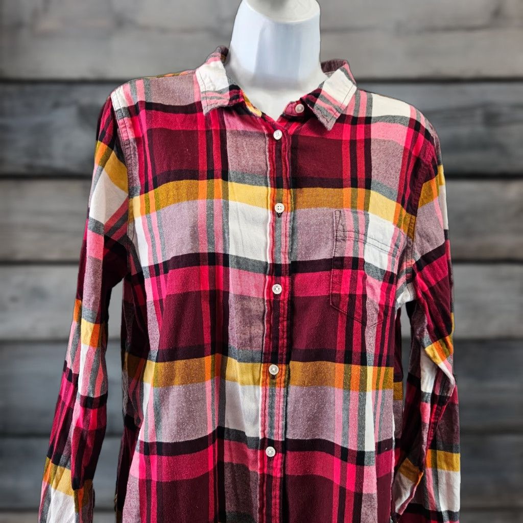 J.Crew J.CREW Womens Classic Fit Boy Shirt Burgundy Rose Plaid Cotton Size 14 Long Sleeve Button-Up Tailored Collar Shirt Womens Size XL / US 12-14 / IT 48-50 - 1 Thumbnail