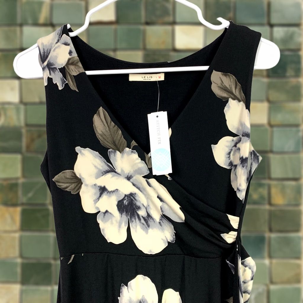 Vintage Le Lis Dress Black Cream V-Neck Sleeveless Long Size Small Floral Pattern Shift Womens Size S / US 4 / IT 40 - 1 Thumbnail