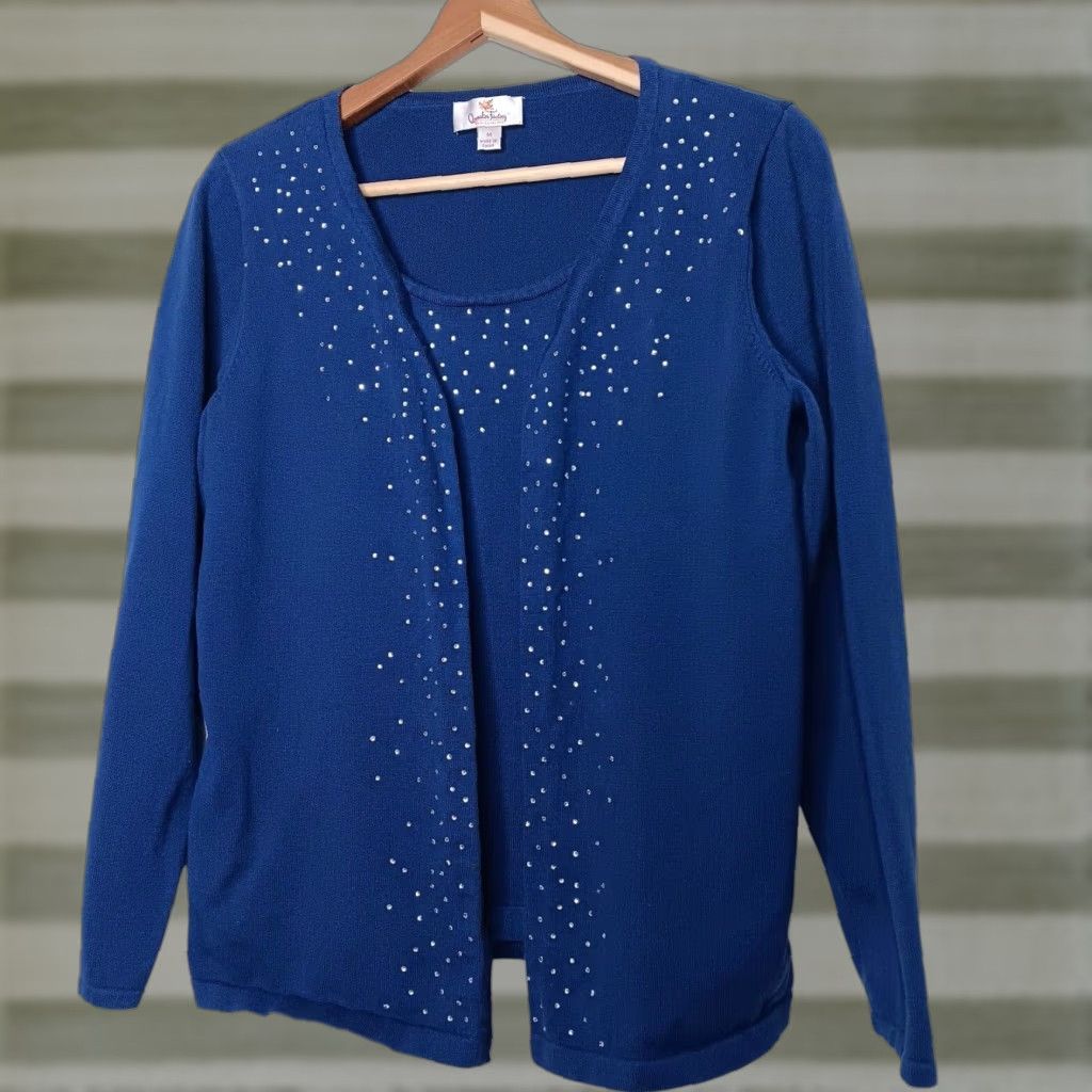 Quacker Factory Quacker Factory Cardigan Sweater Women M Blue Knit Rhinestone Bling Casual, Party/Cocktail Pullover Open Front Cardigan Flaps Attached Size M / US 6-8 / IT 42-44 - 1 Thumbnail