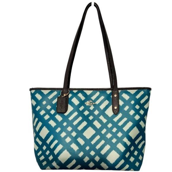 COACH Designer Leather Wild Plaid Blue City Tote